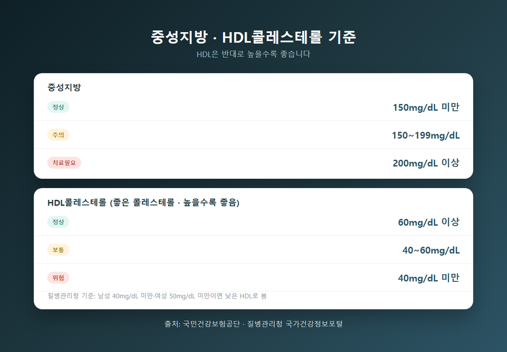 중성지방과 HDL콜레스테롤 기준 정리표 — 중성지방: 정상 150mg/dL 미만, 경계 150~199mg/dL, 치료필요 200mg/dL 이상 / HDL콜레스테롤: 정상 60mg/dL 이상, 보통 40~60mg/dL, 위험 40mg/dL 미만 (높을수록 좋음)