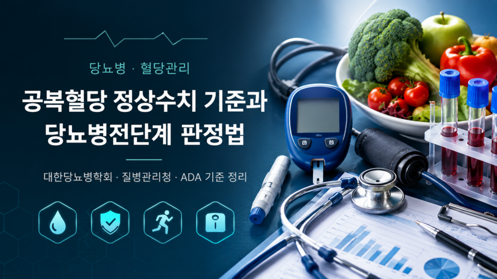 공복혈당 정상수치 기준과 당뇨병전단계 판정법 안내 이미지 — 대한당뇨병학회·질병관리청·ADA 기준 정리, 혈당측정기와 채소 식단 이미지