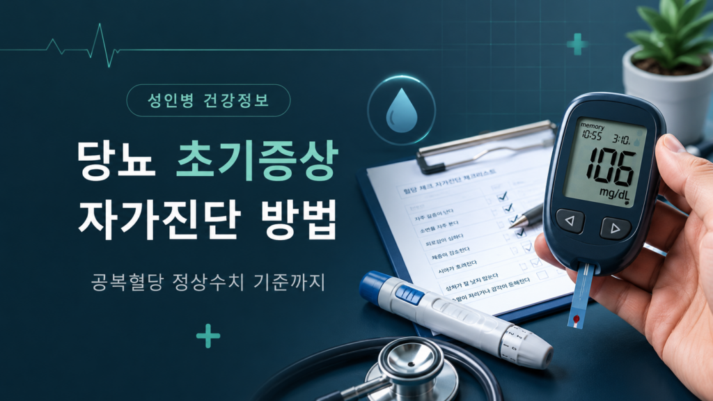 당뇨 초기증상 자가진단 방법 안내 이미지 — 성인병 건강정보, 공복혈당 정상수치 기준까지, 혈당측정기와 자가진단 체크리스트